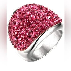 Pink Crystal Cubic Zirconia Crystals in Leather Domed Stainless Steel Ring